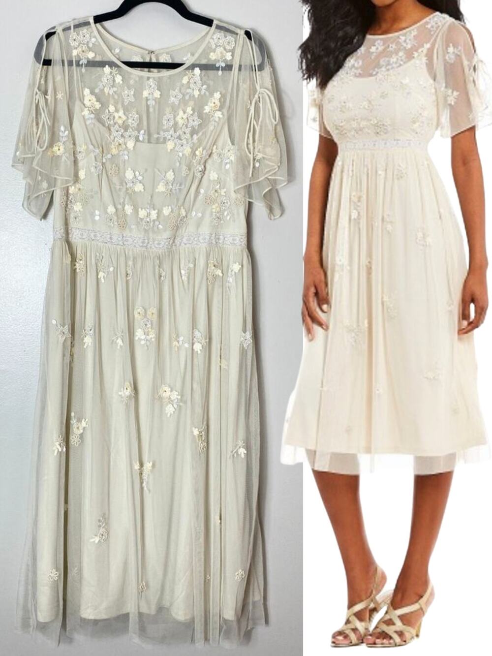 Adrianna Papell Cream Floral Sequin Beaded Dress Bridal Wedding